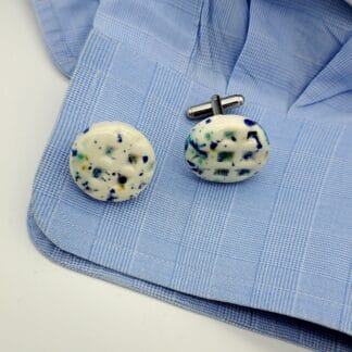 White with Blue/Green Burst Textured Round Cufflinks